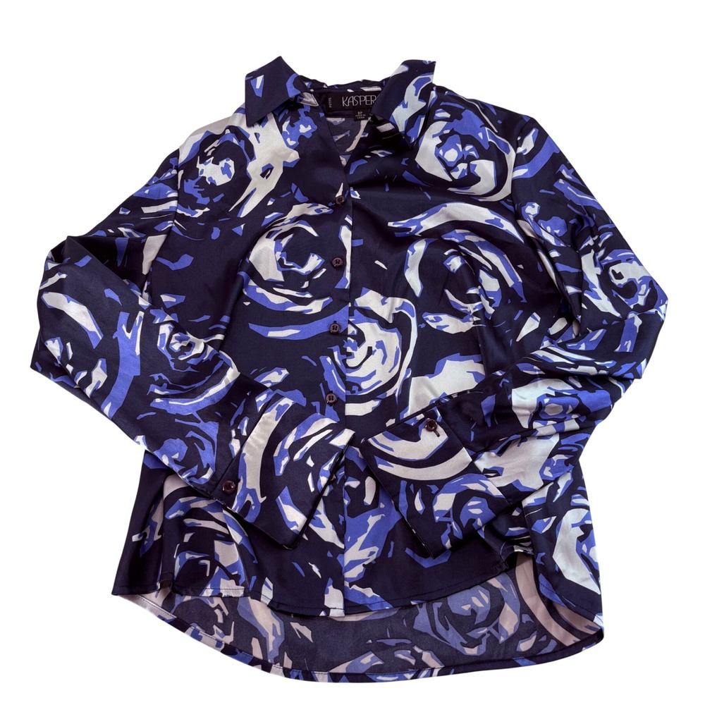 Kasper Petite Womens Blue Abstract Rose Floral Button Down Blouse‎ Size 8P
